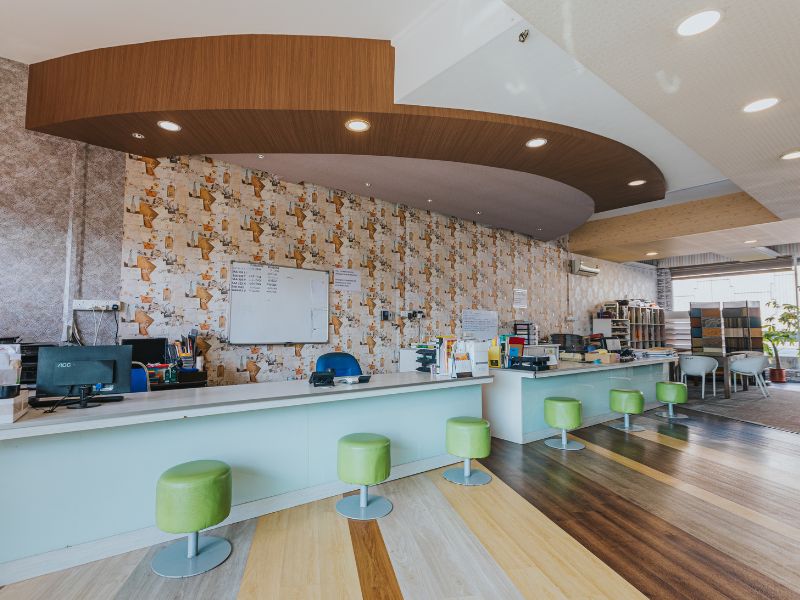 Reception and flooring display at the Win Seng showroom