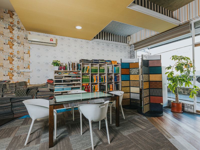 Win Seng showroom with flooring and carpet sample displays