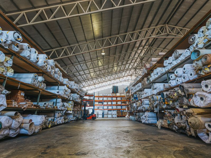 Rolls of flooring materials stored in the Win Seng warehouse
